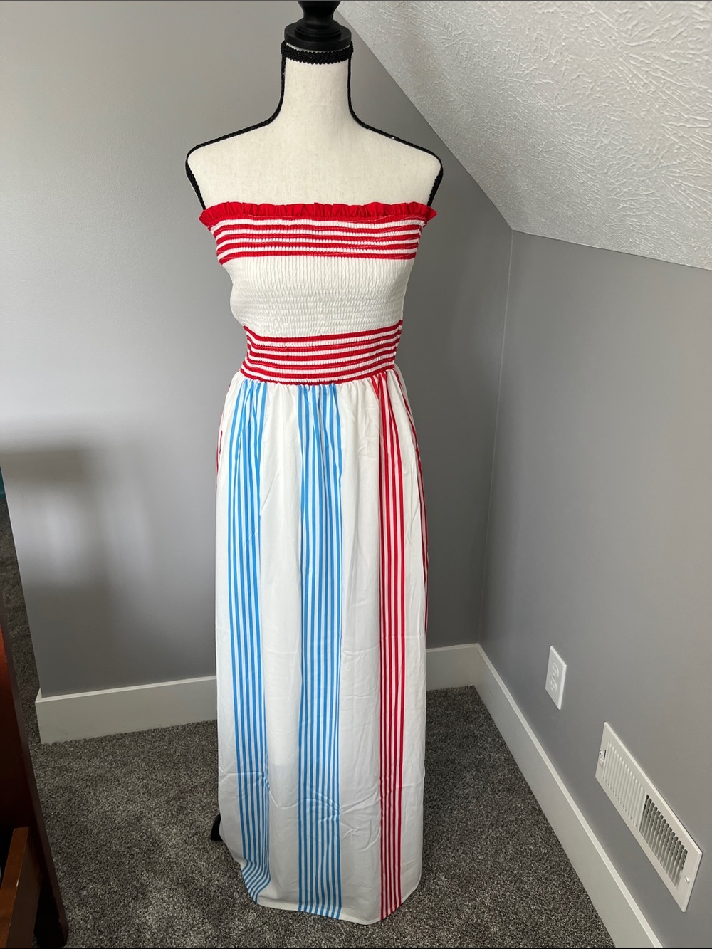 Striped Smocked Strapless Maxi Dress in Red, White & Blue